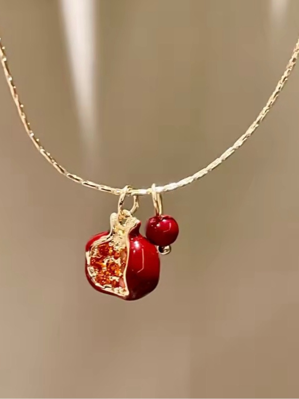 Anthropologie Gold Tone Pomegranate Charm Necklace - Red Gold NWOT